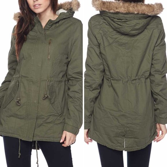 Olive Faux Fur Hooded Sherpa Lined Utility Jacket - Picture 16 of 16